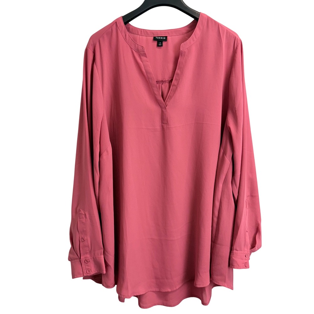 Torrid Pink Georgette Split Neck Roll Tab Sleeve Blouse Size 3 Plus 3X
